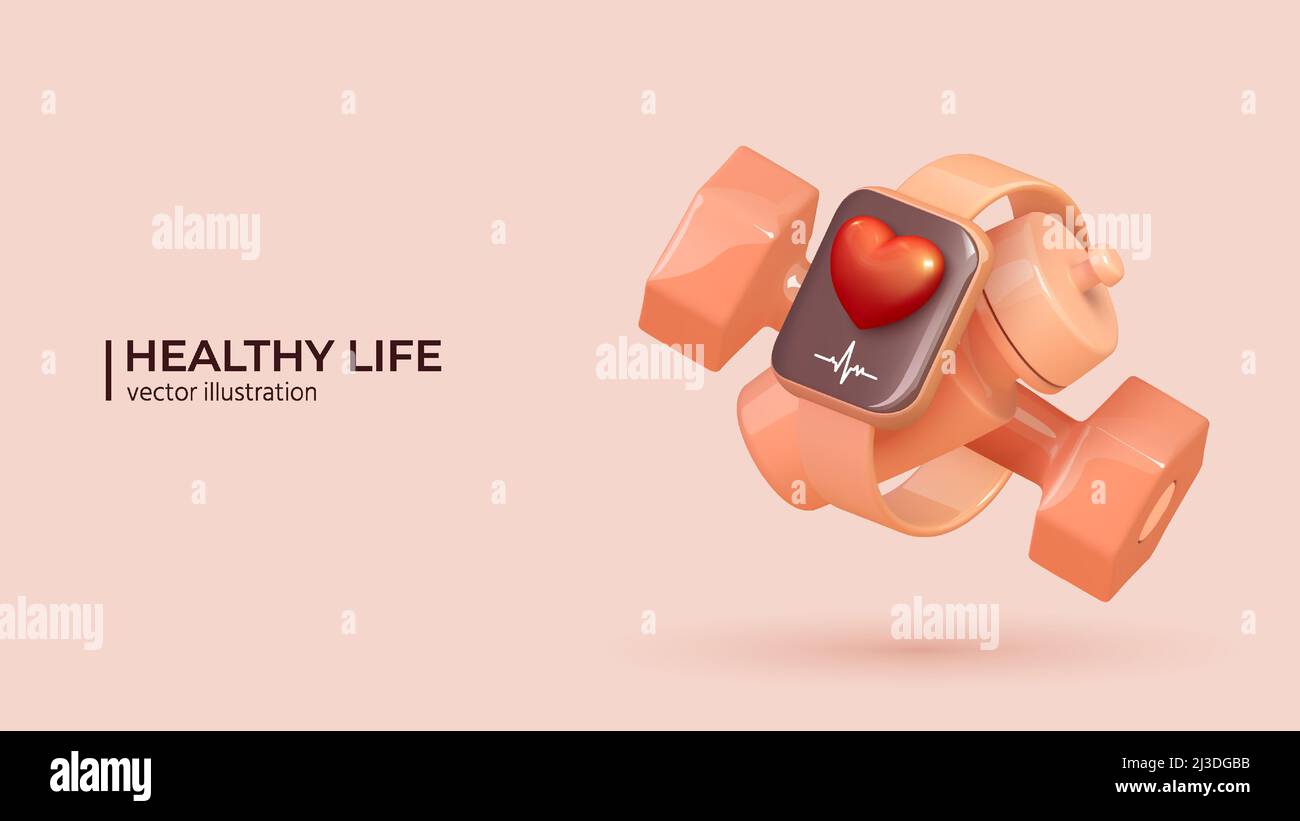 3d set of wireless smart watch with red heart and sport equipment. Realistic fitness inventory, gym accessories in trendy colors. Dumbbell, fitness tracker and water bottle. Healthy lifestyle concept Stock Vector