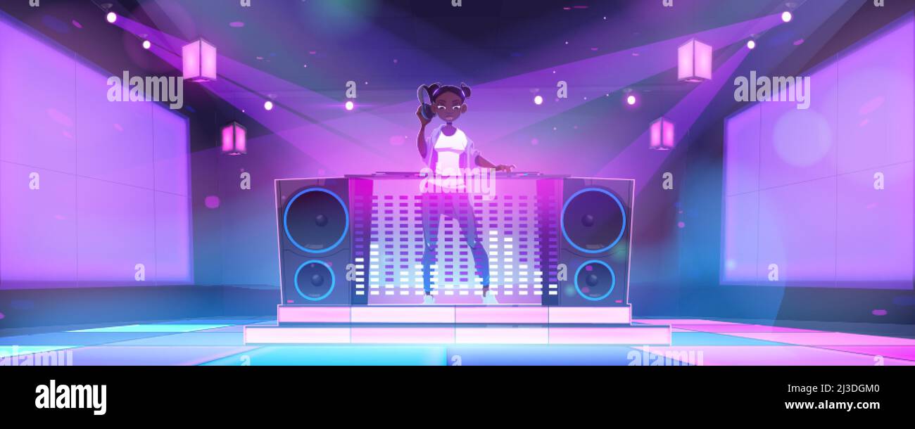 Girl dj in nightclub with mixer console. Vector cartoon illustration of  disco club interior with dance floor, music turntable, speakers, neon lamps  an Stock Vector Image & Art - Alamy