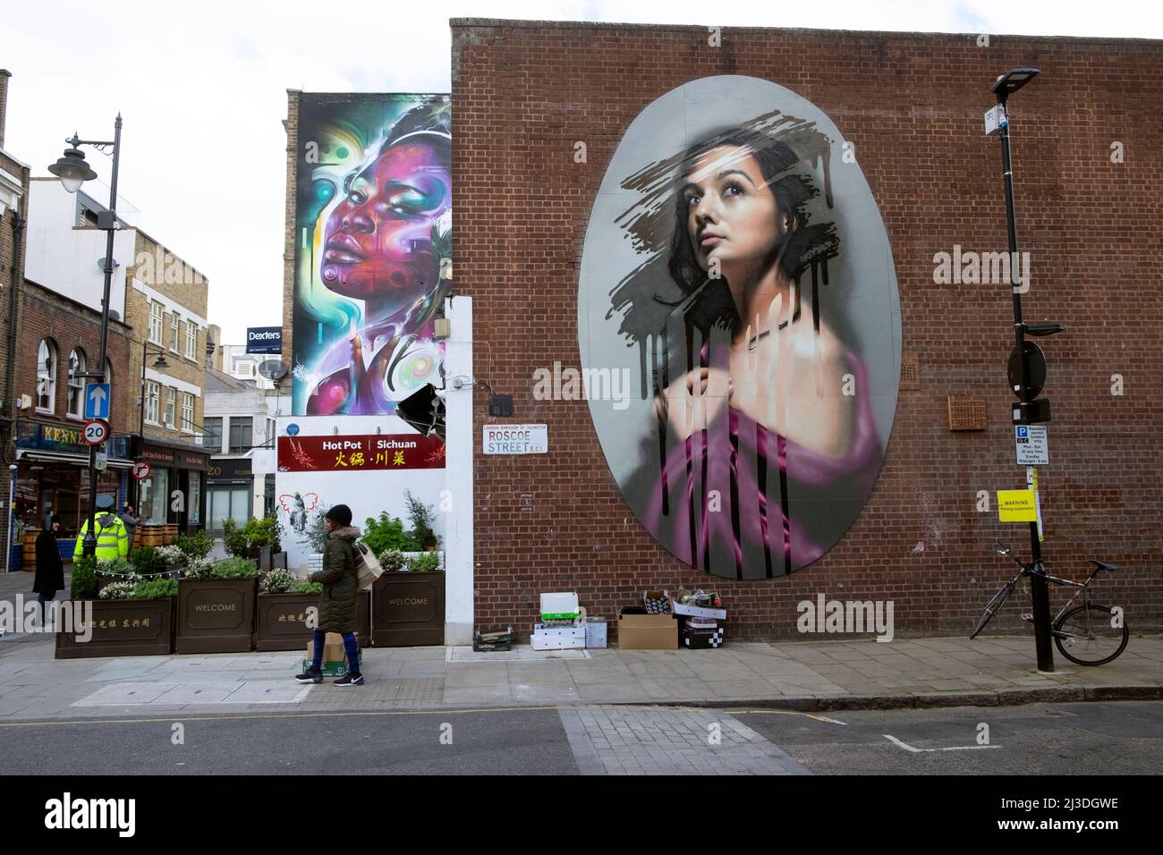Wall paintings murals portrait of woman on Roscoe St and Whitecross