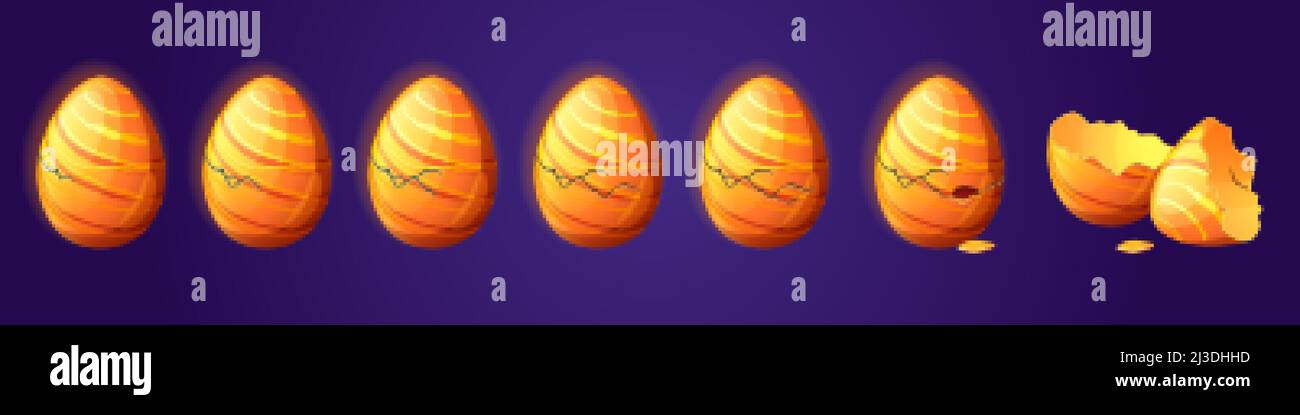 Golden dragon eggs in different steps of break and baby birth. Vector