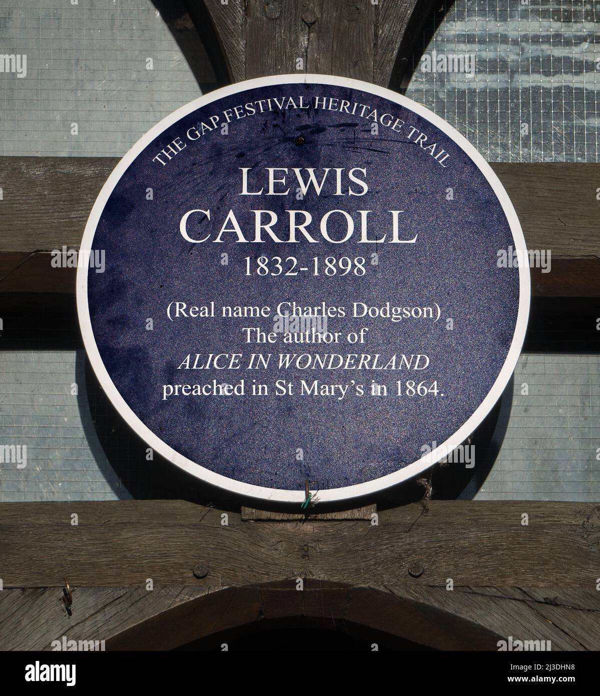 Commemorative Plaque about Lewis Carroll above the entrance of St. Mary's Church, Streatley, Berkshire Stock Photo