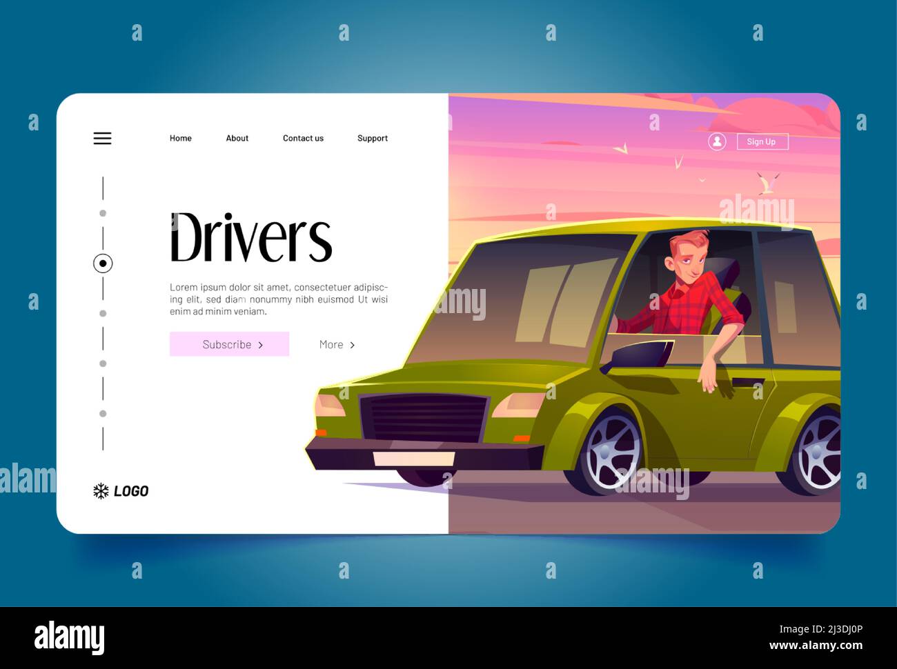 Drivers banner with man sitting in green car on background of sunset pink sky. Vector landing page of professional driving and chauffeur job with cart Stock Vector