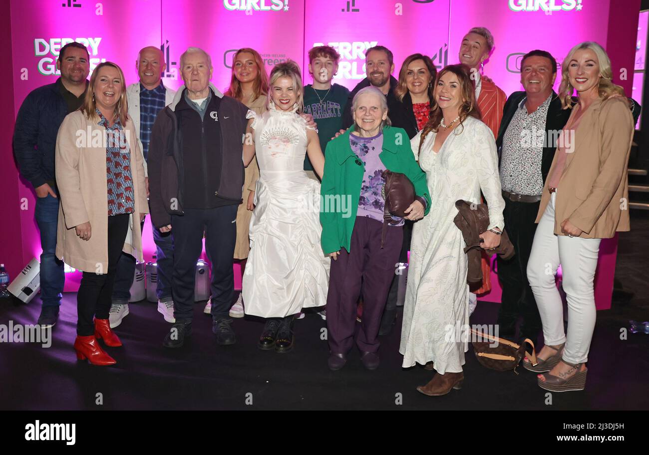 Saoirse-Monica Jackson (centre) with her family arriving at the premiere for the third series of Channel 4's Derry Girls at the Omniplex Cinema in Londonderry. Picture date: Thursday April 7, 2022. Stock Photo