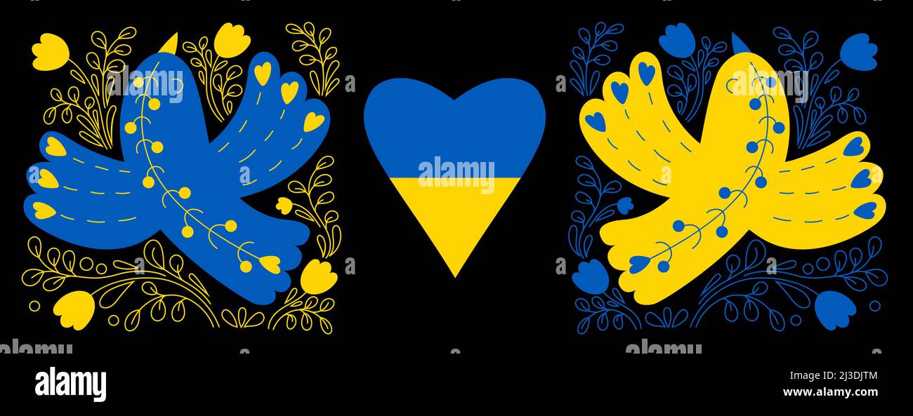 Horizontal Ukrainian poster with yellow and blue birds with heart on black background with floral openwork pattern. Vector illustration. color of Ukra Stock Vector