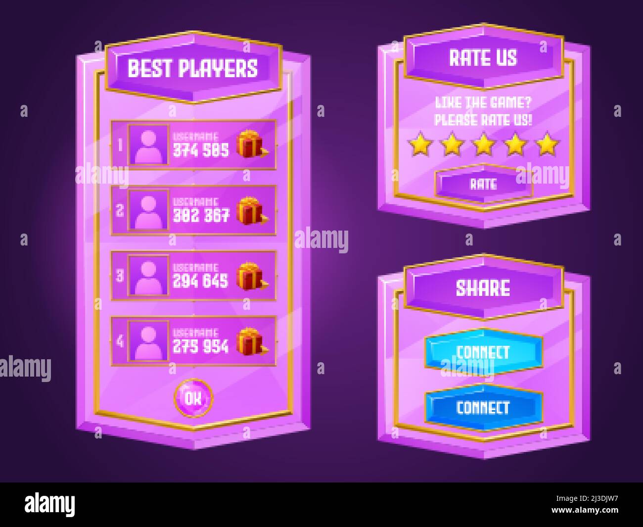 Diamond game menu, gamer ui panel with buttons, pink cartoon crystal interface with gui elements. Best players, rate us, share and connect boards with Stock Vector