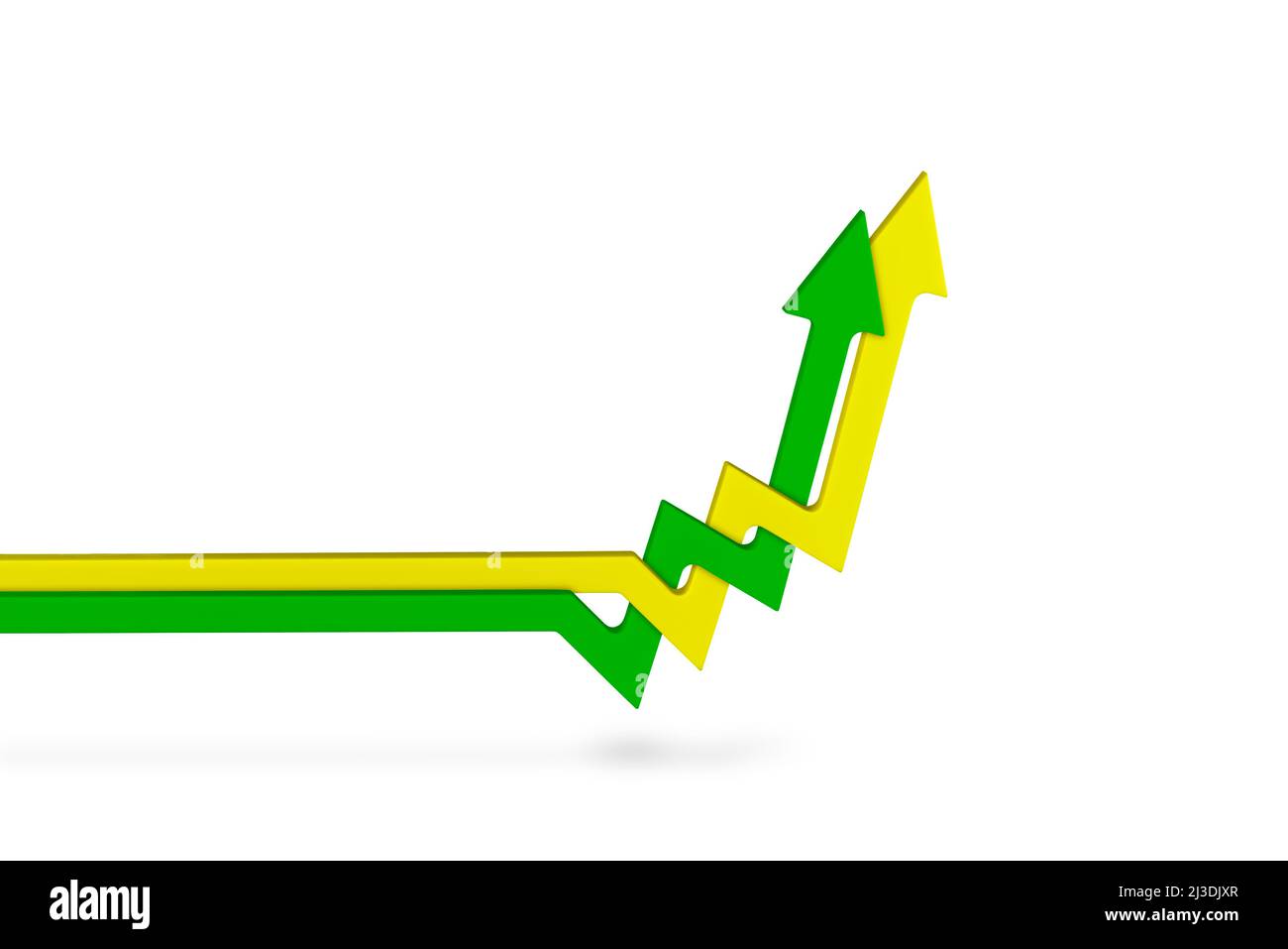 Inflation, rising inflation white isolate. Rising prices. Yellow and green arrows intertwined on the chart pointing up, white background. Growth Stock Photo