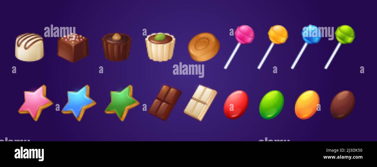 Set of sweets and bakery desserts, lollipops, toffee, bitter and white