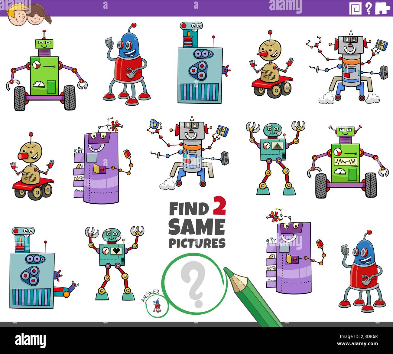 Cartoon illustration of finding two same pictures educational game with ...