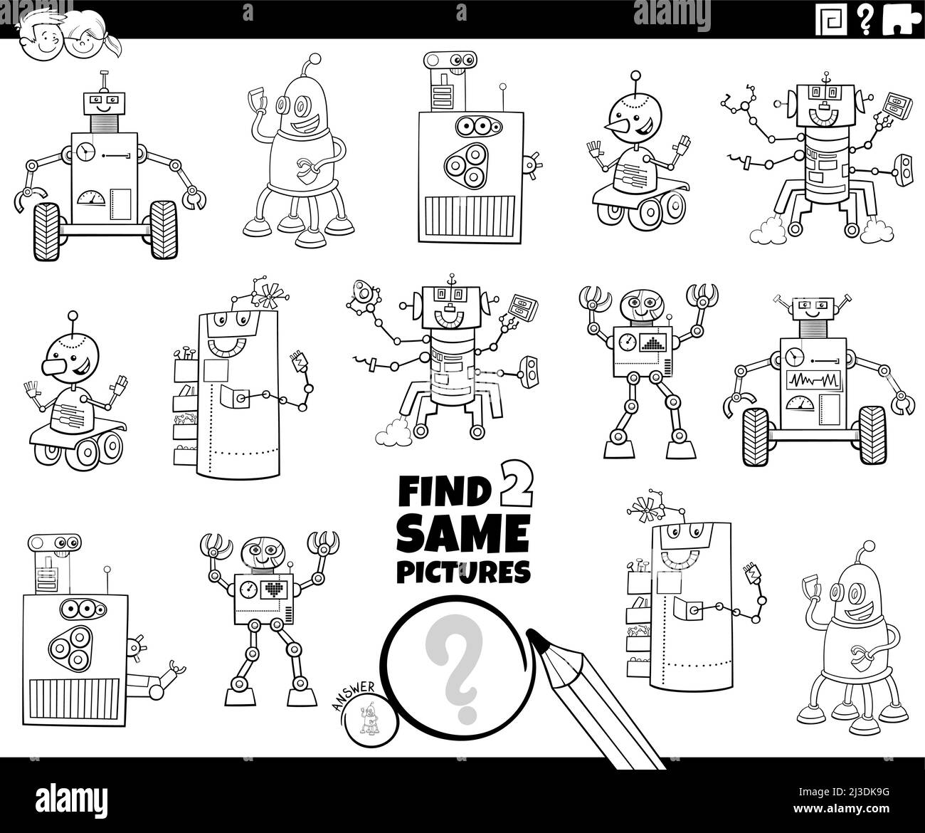 Black and white cartoon illustration of finding two same pictures ...