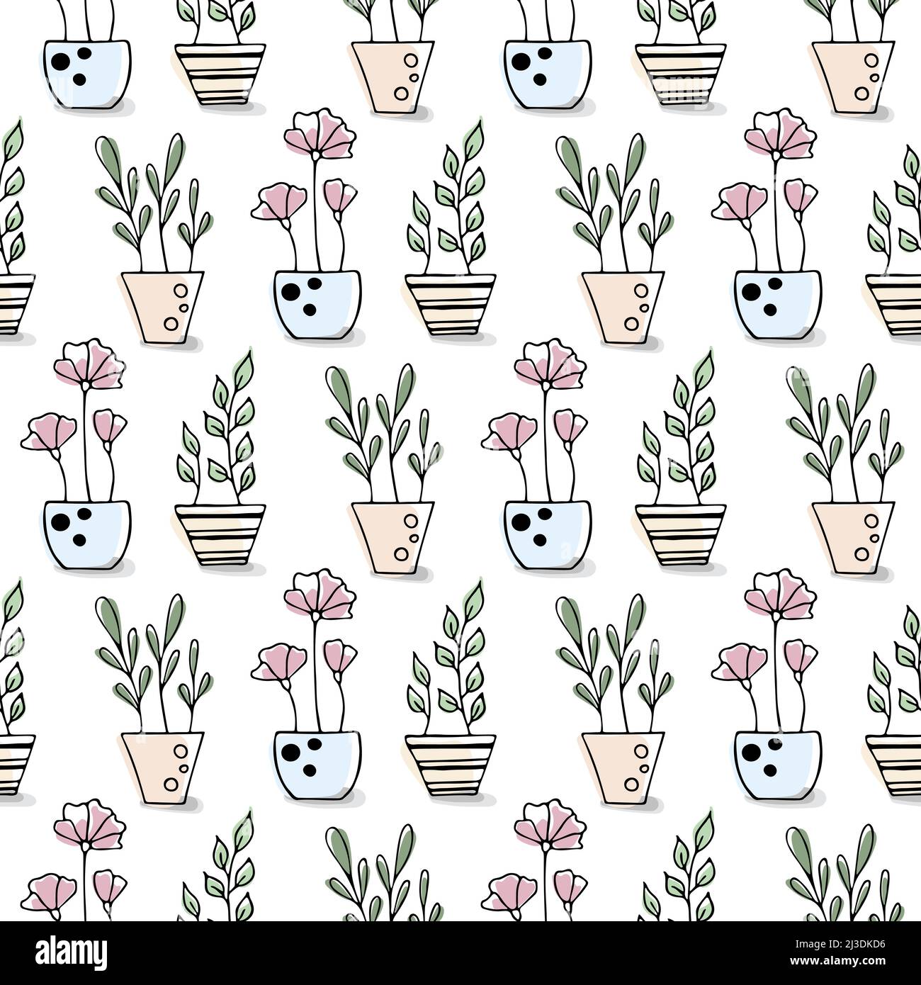 Set of house plants vector hand drawn cartoon doodle seamless pattern ...