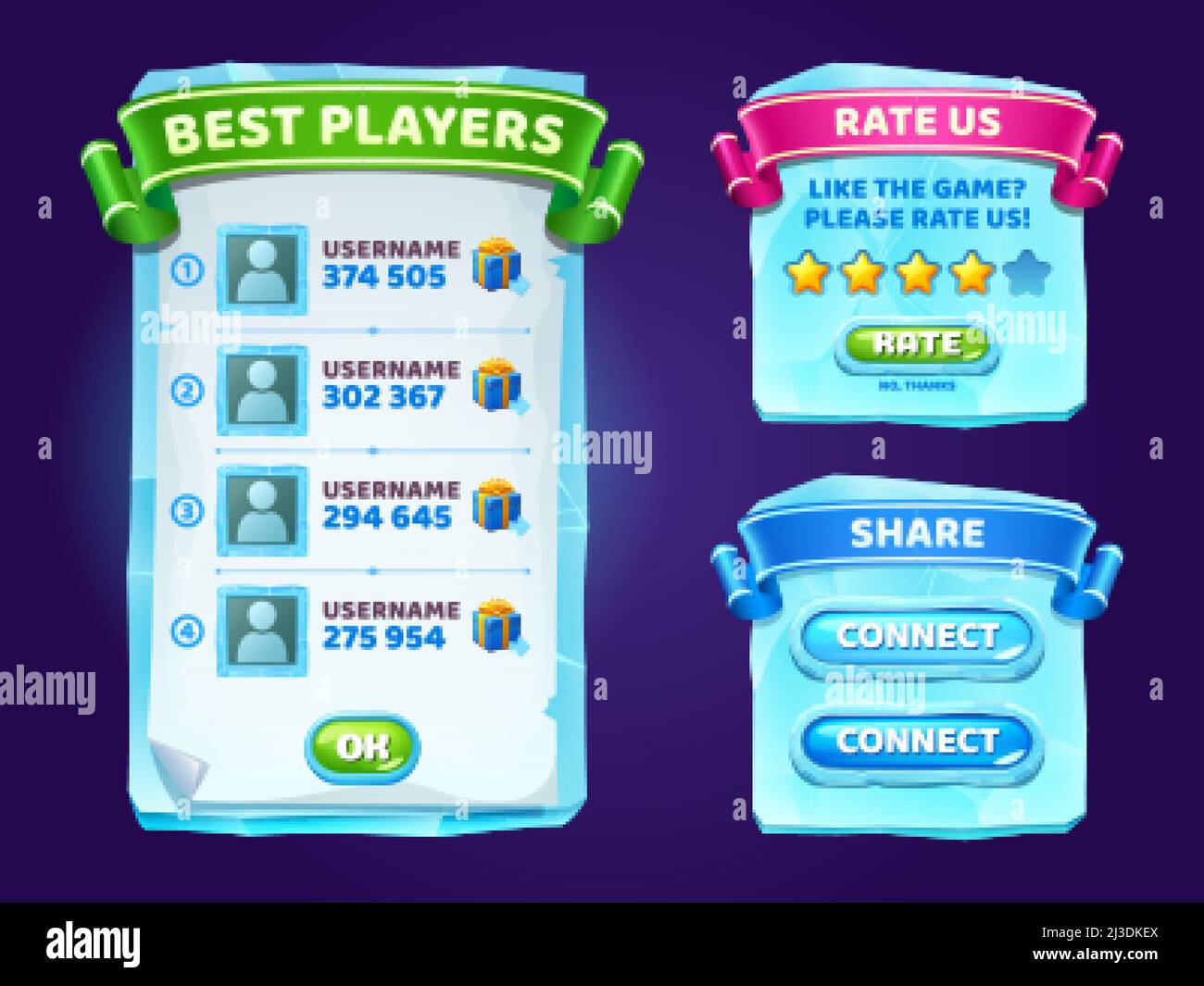 Ice crystals game menu, gamer ui panel with buttons, blue cartoon frozen interface with gui elements. Best player, rate us, share and connect boards, Stock Vector