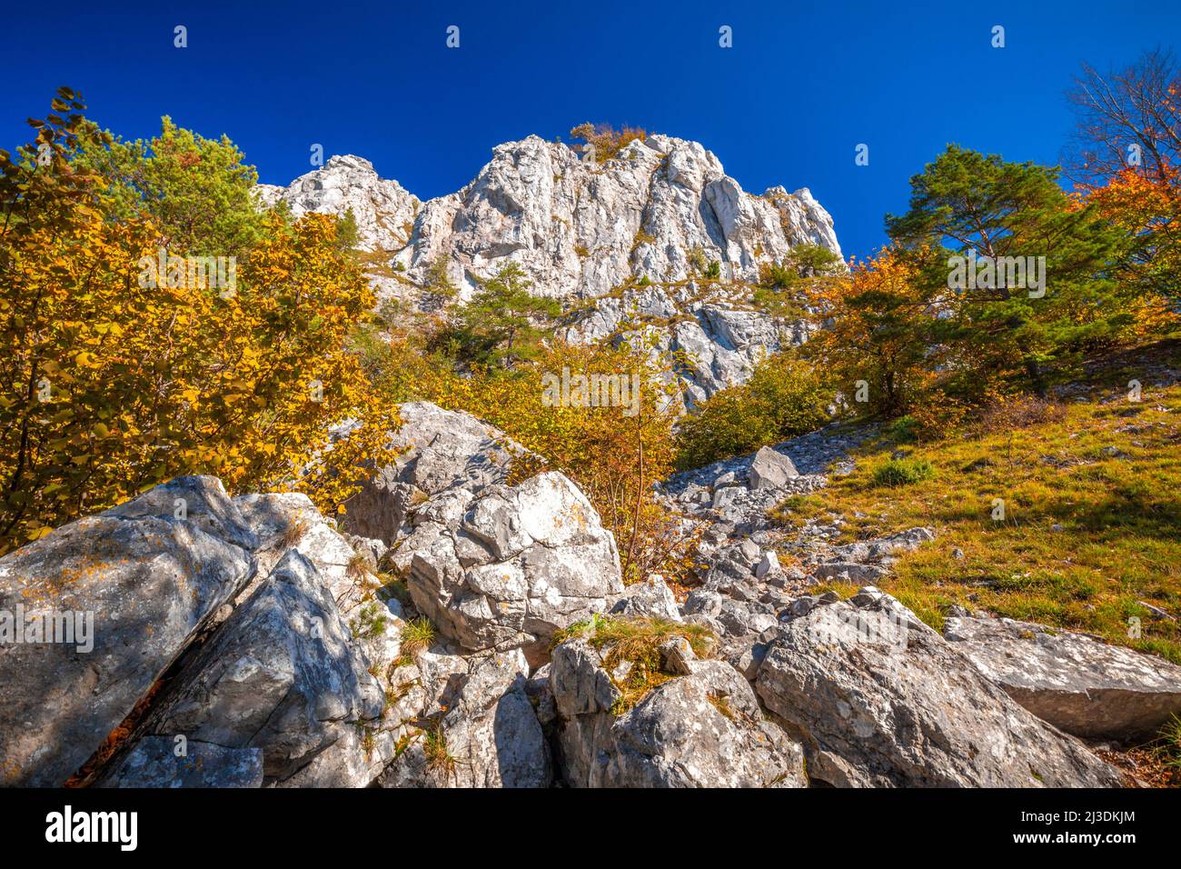 Autumn landscape with the Vapec hill in The Strazov Mountains in northwestern Slovakia, Europe. Stock Photo