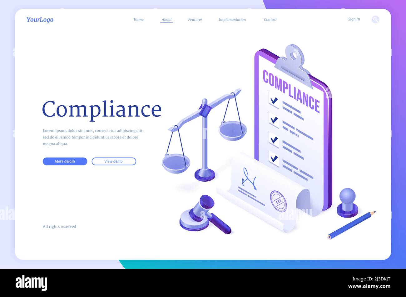 Compliance isometric landing page, concept of business policy documents