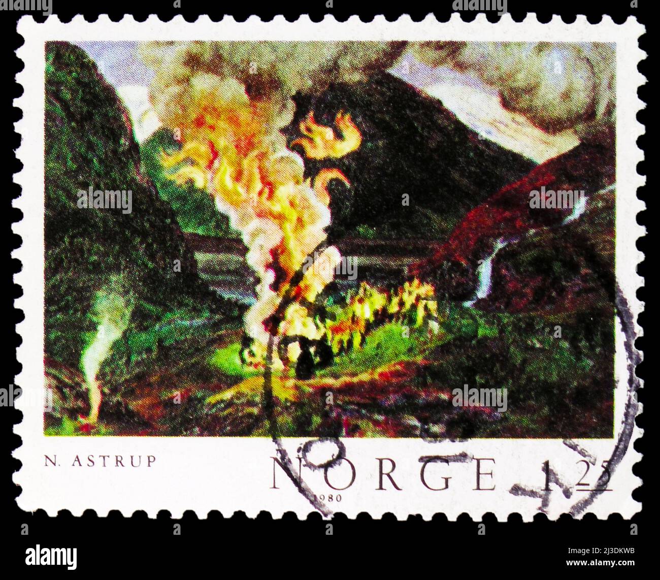 MOSCOW, RUSSIA - MARCH 26, 2022: Postage stamp printed in Norway shows Midsummer Night, Nikolai Astrup (1912/26), Paintings 1980 serie, circa 1980 Stock Photo