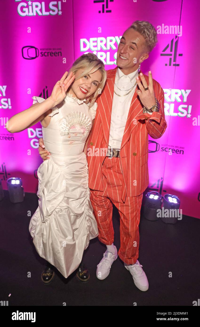 Saoirse-Monica Jackson and Hector Barber at the premiere for the third series of Channel 4's Derry Girls at the Omniplex Cinema in Londonderry. Picture date: Thursday April 7, 2022. Stock Photo