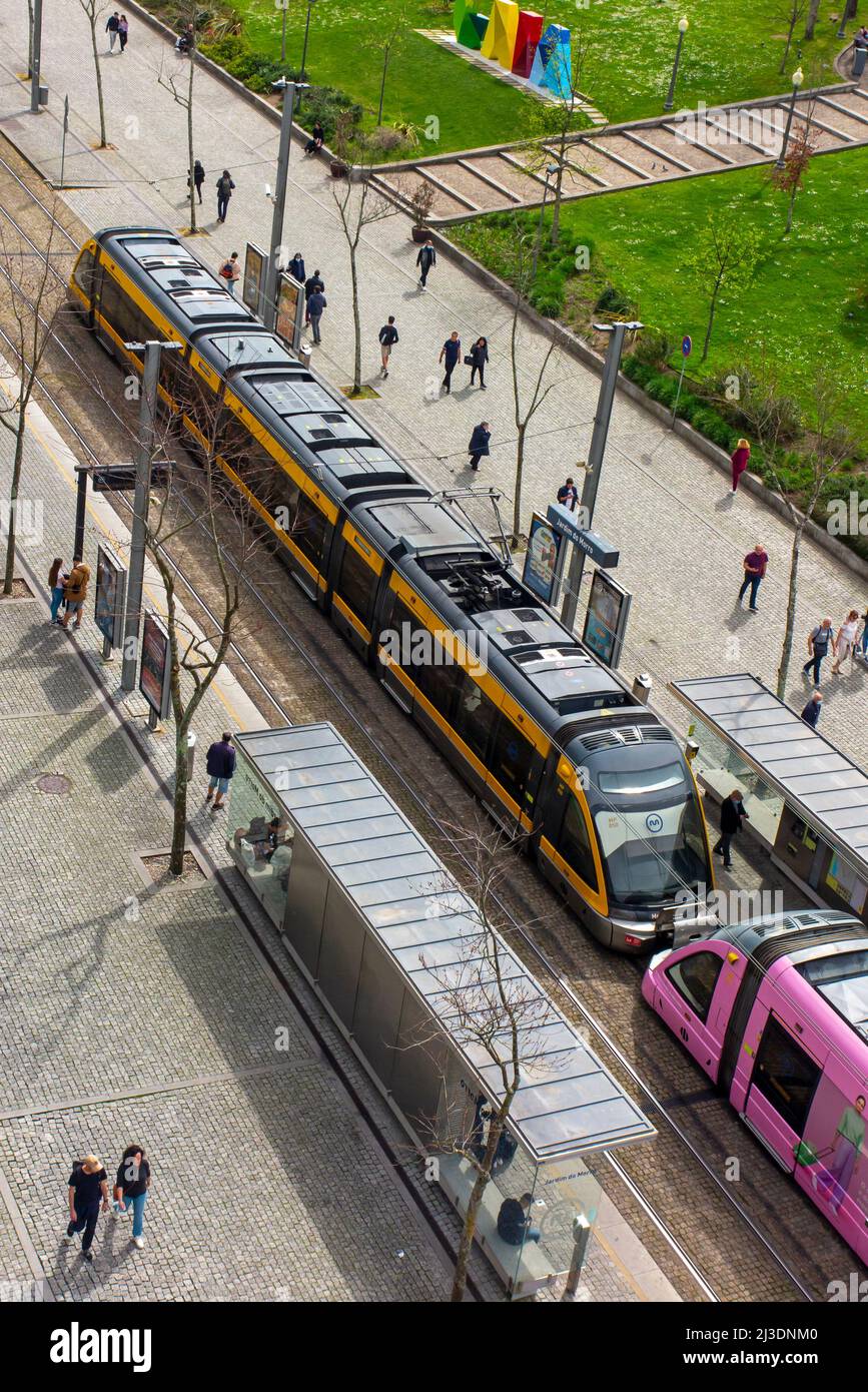 View looking down on Jardim do Morro tram stop to the south of the Ponte Luiz 1 bridge in the centre of Porto in Portugal. Stock Photo