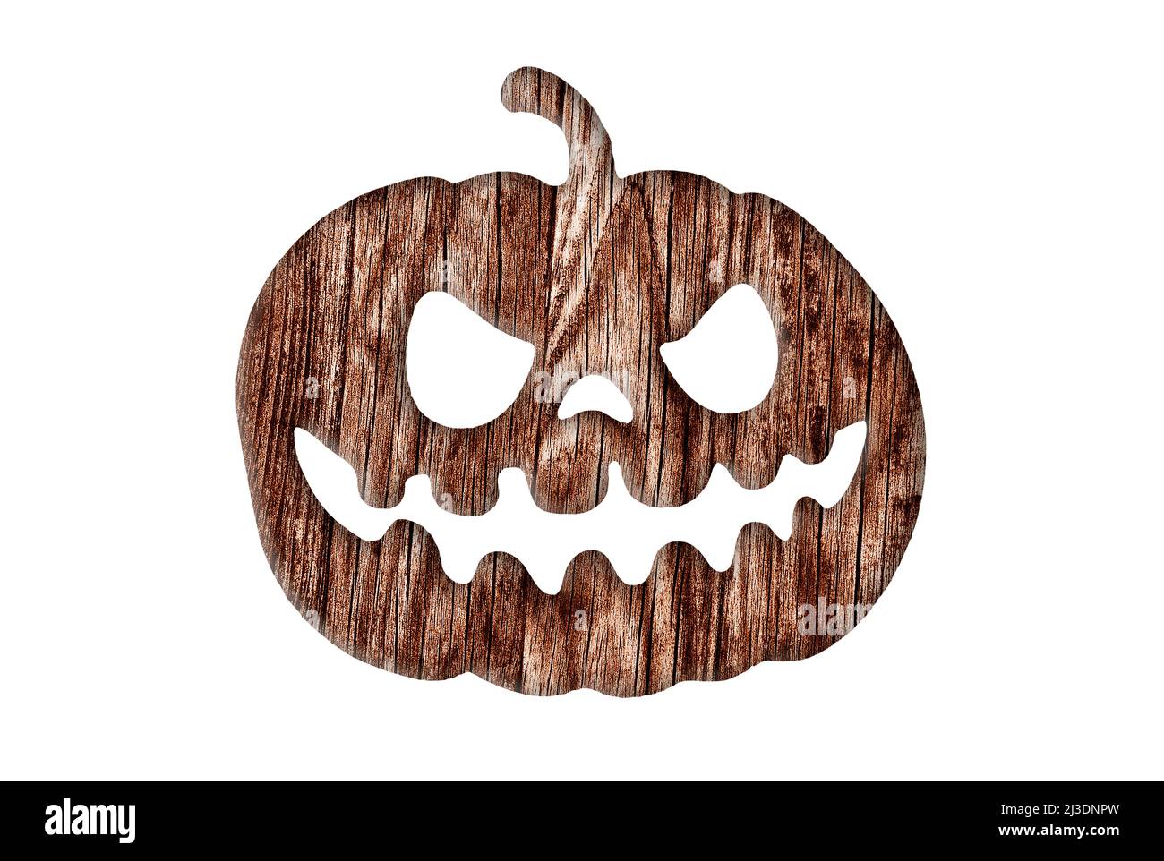 Old dark wooden halloween pumpkin shape isolated on white background Stock Photo