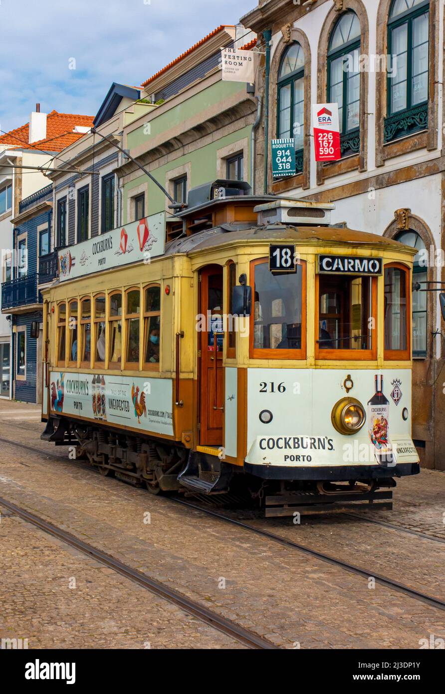 Porto tram 220 at Passeio Alegre in Foz at the mouth of the River Douro in Porto Portugal. Stock Photo