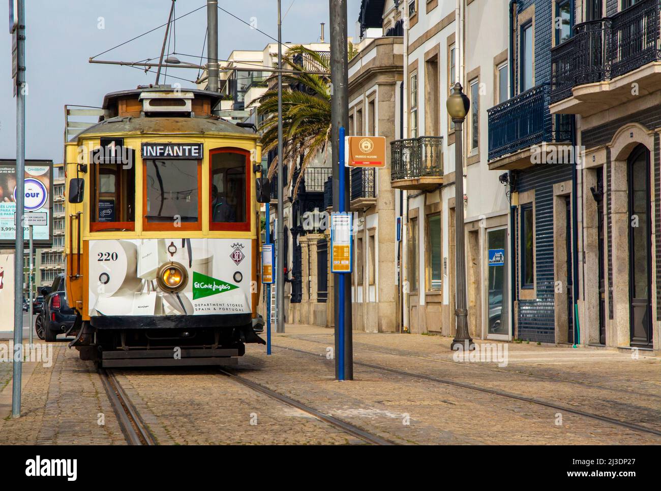 Porto tram 220 at Passeio Alegre in Foz at the mouth of the River Douro in Porto Portugal. Stock Photo