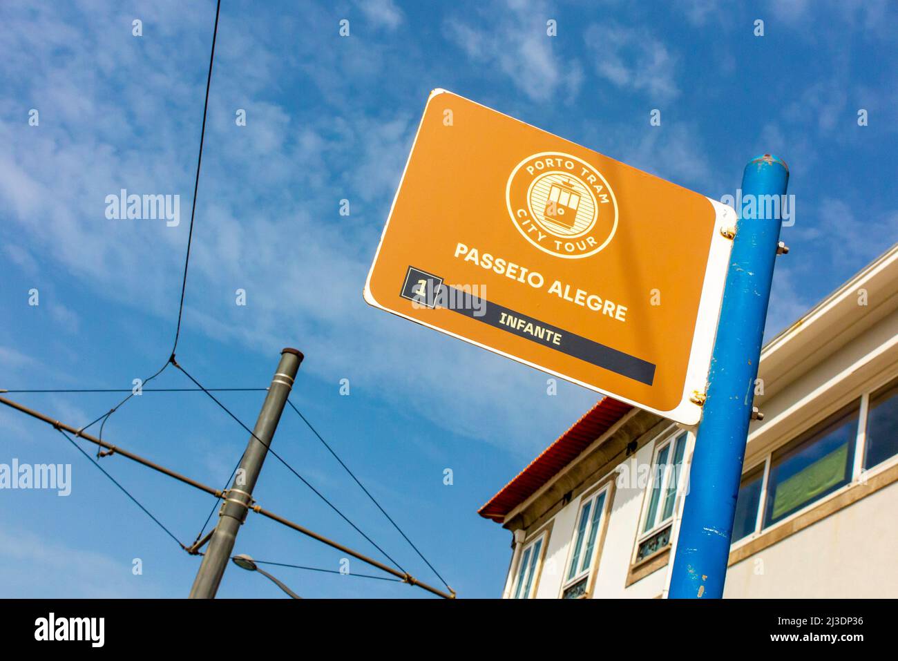 Sign at tram stop at Passeio Alegre in Foz at the mouth of the River Douro in Porto Portugal. Stock Photo