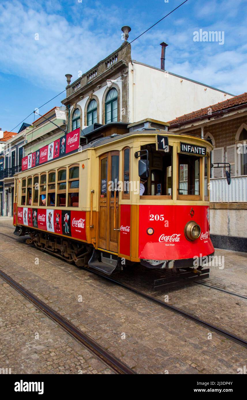 Porto tram 205 at Passeio Alegre in Foz at the mouth of the River Douro in Porto Portugal. Stock Photo