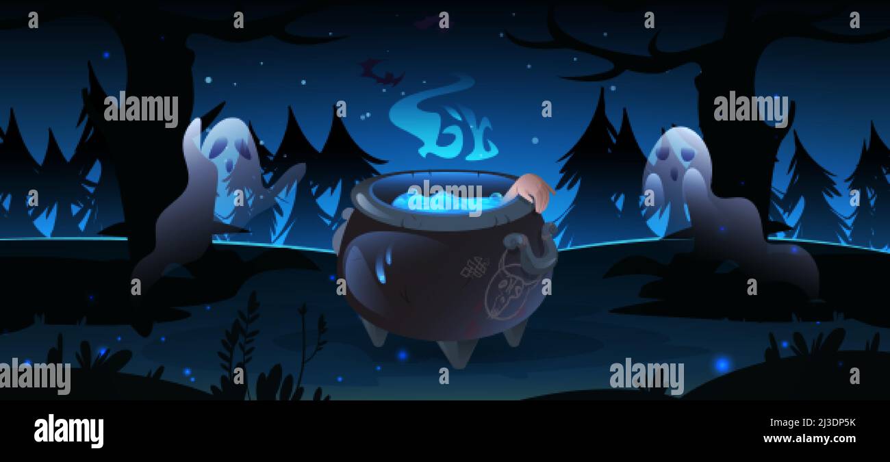 Dark forest with witch cauldron and ghosts at night. Halloween background with old cooking boiler with blue boiling magic potion, hand and smoke. Vect Stock Vector