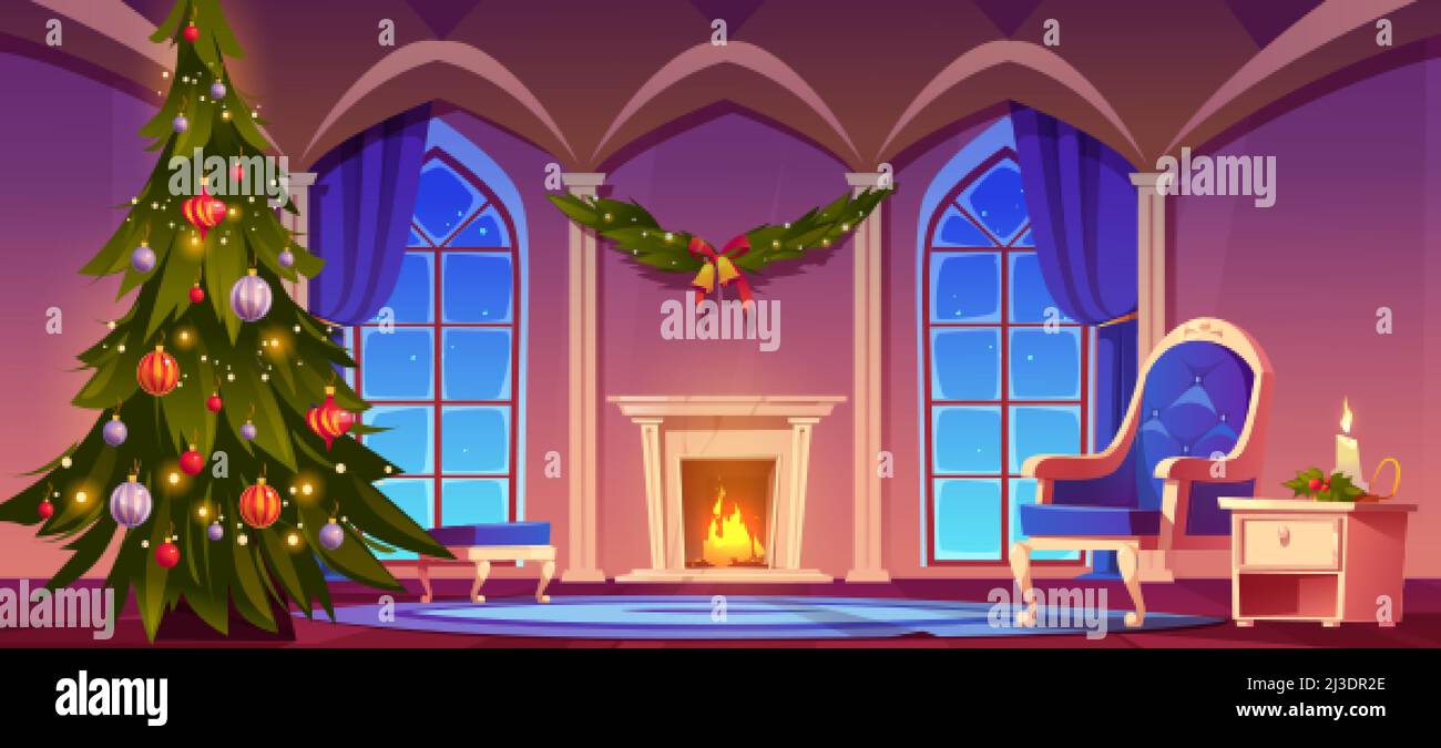 Room at Christmas night, empty home interior with burning fireplace, decorated fir tree with toys and glowing garlands, classic furniture and large ar Stock Vector