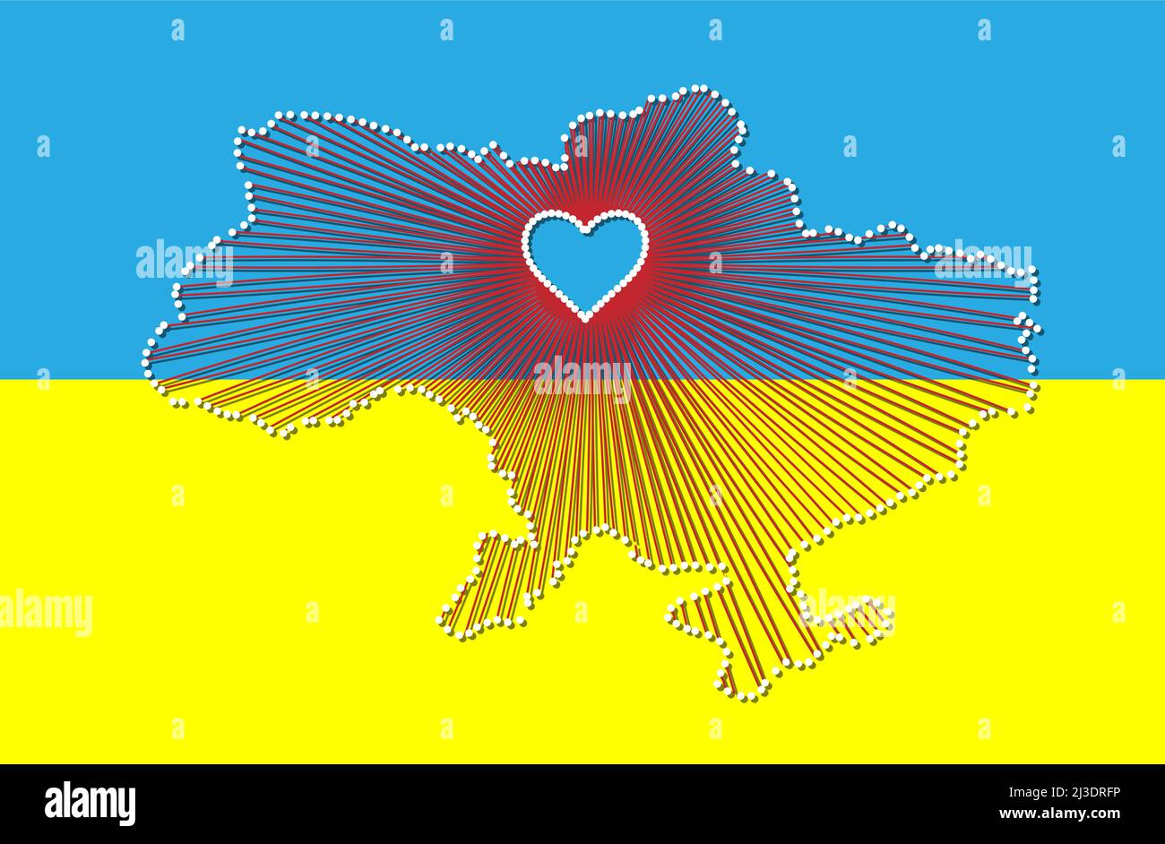 Ukraine art map with heart. Vector illustration of map and Ukrainian flag. No to war. Stand with Ukraine, help Ukrainians Stock Vector