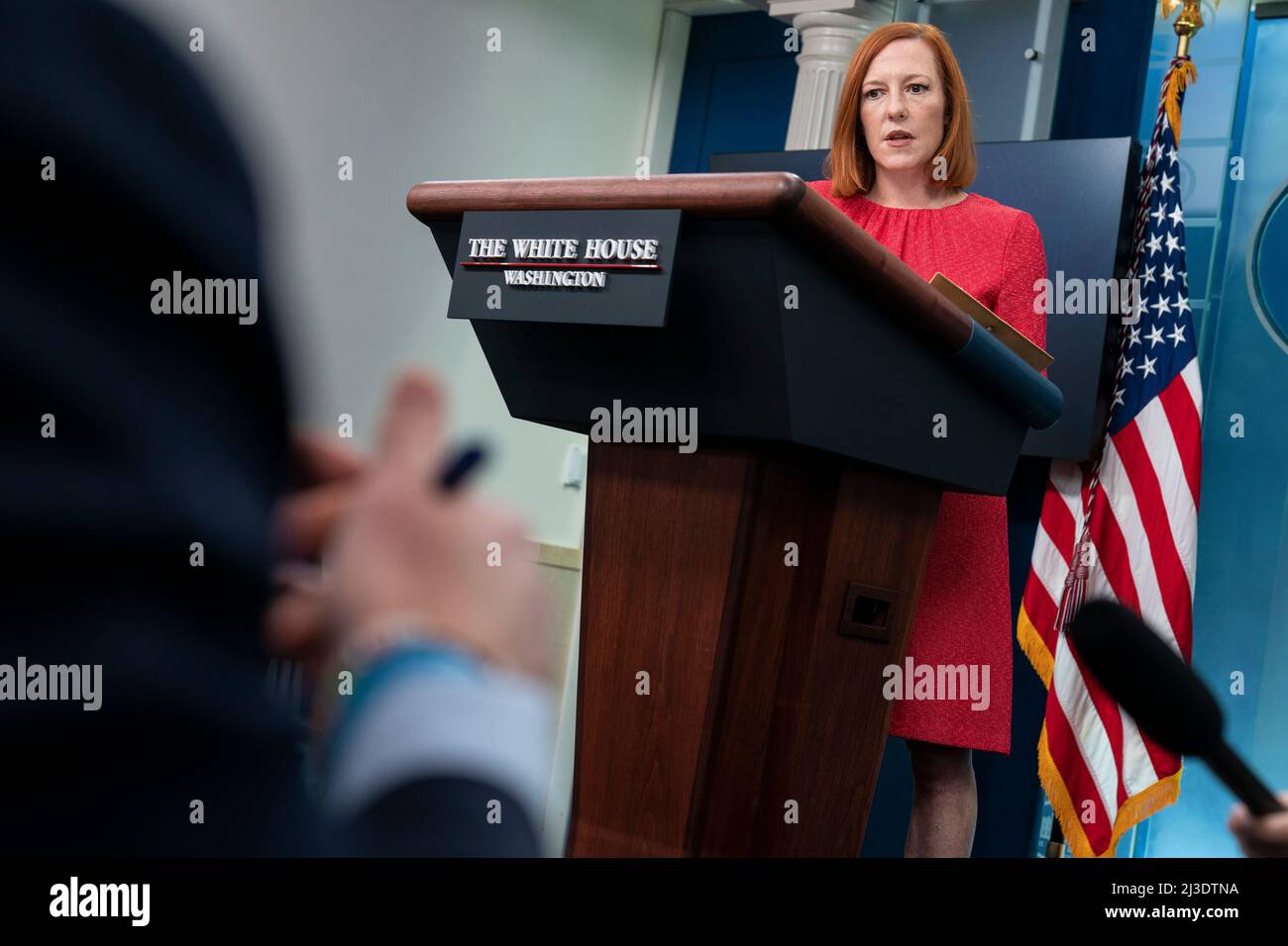 White House Press Secretary Jen Psaki speaks to the media during a briefing in the Brady Press Briefing Room of the White House in Washington, DC on April 7, 2022. Psaki spoke about the confirmation Judge Nominee Kentanji Jackson Brown to the Supreme Court and possible exposure to coronavirus disease (COVID-19) by U.S. President Joe Biden Credit: Joshua Roberts/Pool via CNP Stock Photo
