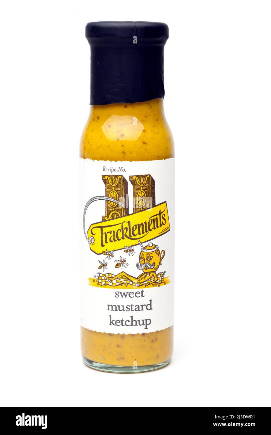 Container of Tracklements Sweet Mustard Ketchup Stock Photo