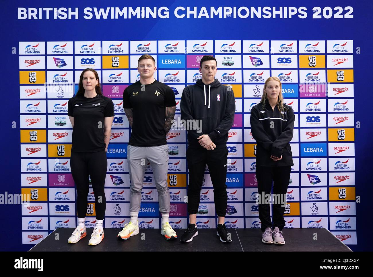 Great Britain's Kathleen Dawson, Adam Peaty, James Guy and Anna Hopkin are awarded their official certificates for setting a new world record in the Mixed 4 x 100m Medley Relay at the Tokyo Olympic Games during day three of the 2022 British Swimming Championships at Ponds Forge International Swimming Centre, Sheffield. Picture date: Thursday April 7, 2022. Stock Photo