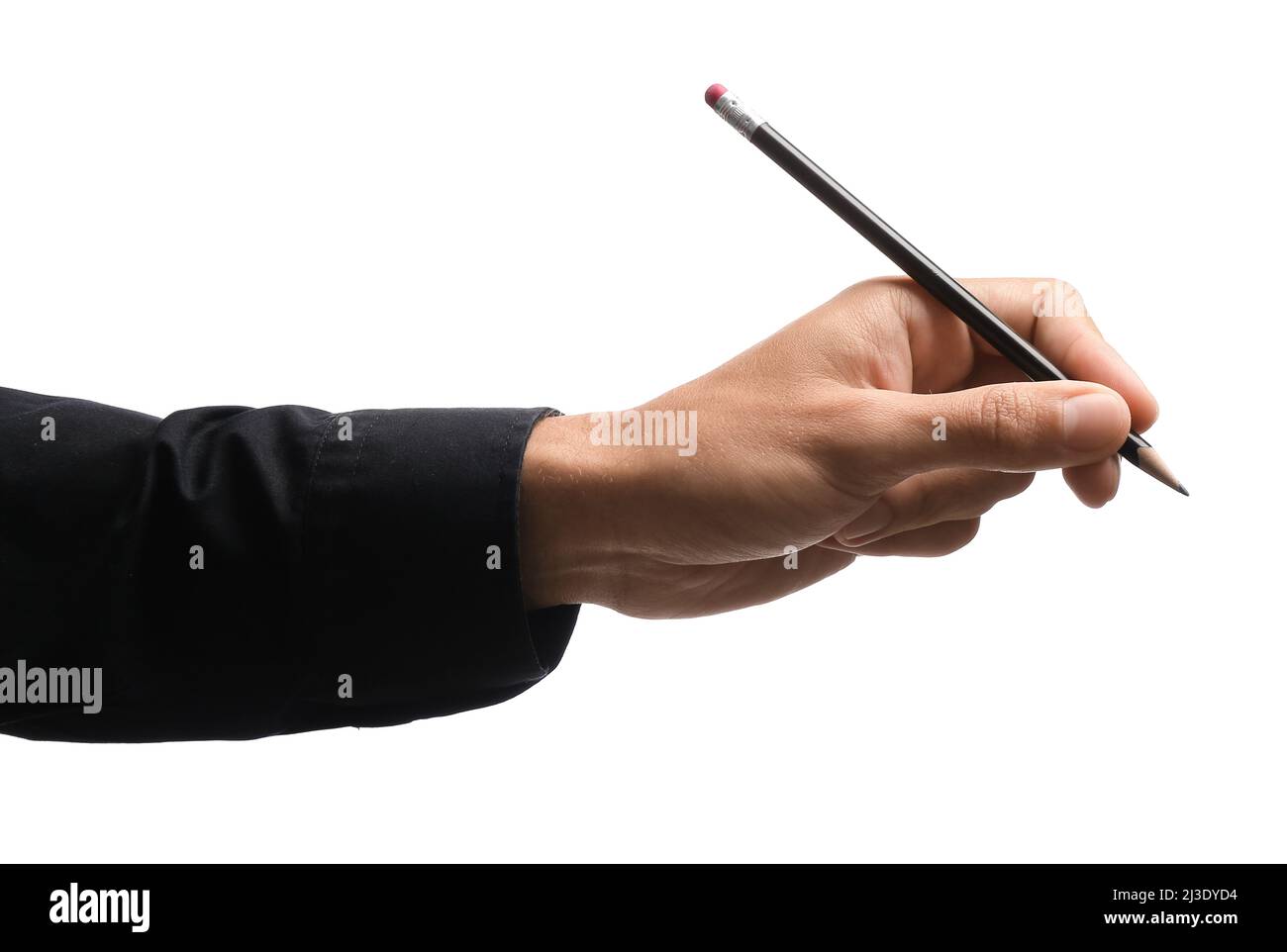 Male hand holding pencil on white background Stock Photo - Alamy
