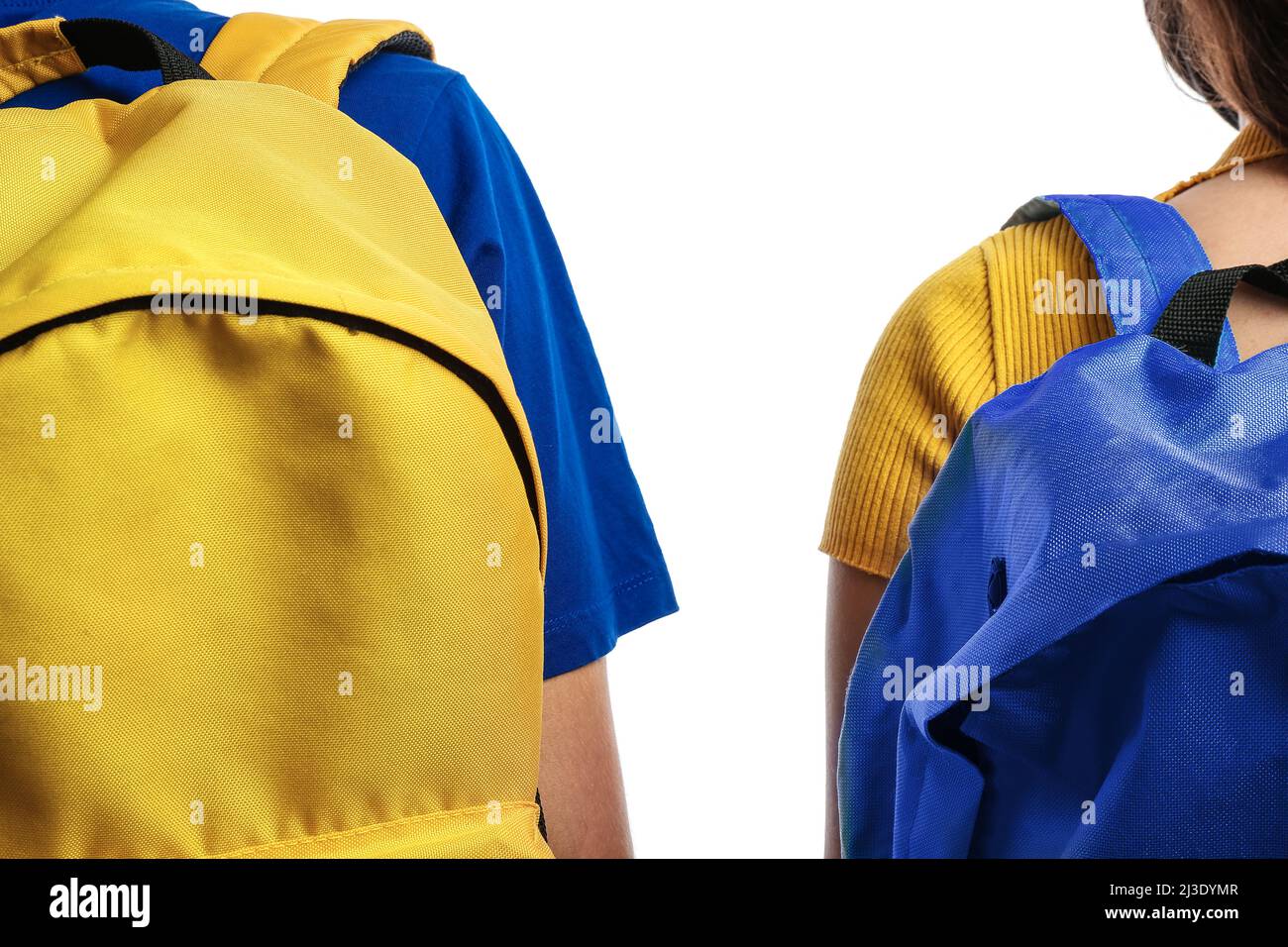 Couple with backpacks in colors of Ukrainian flag on white background ...
