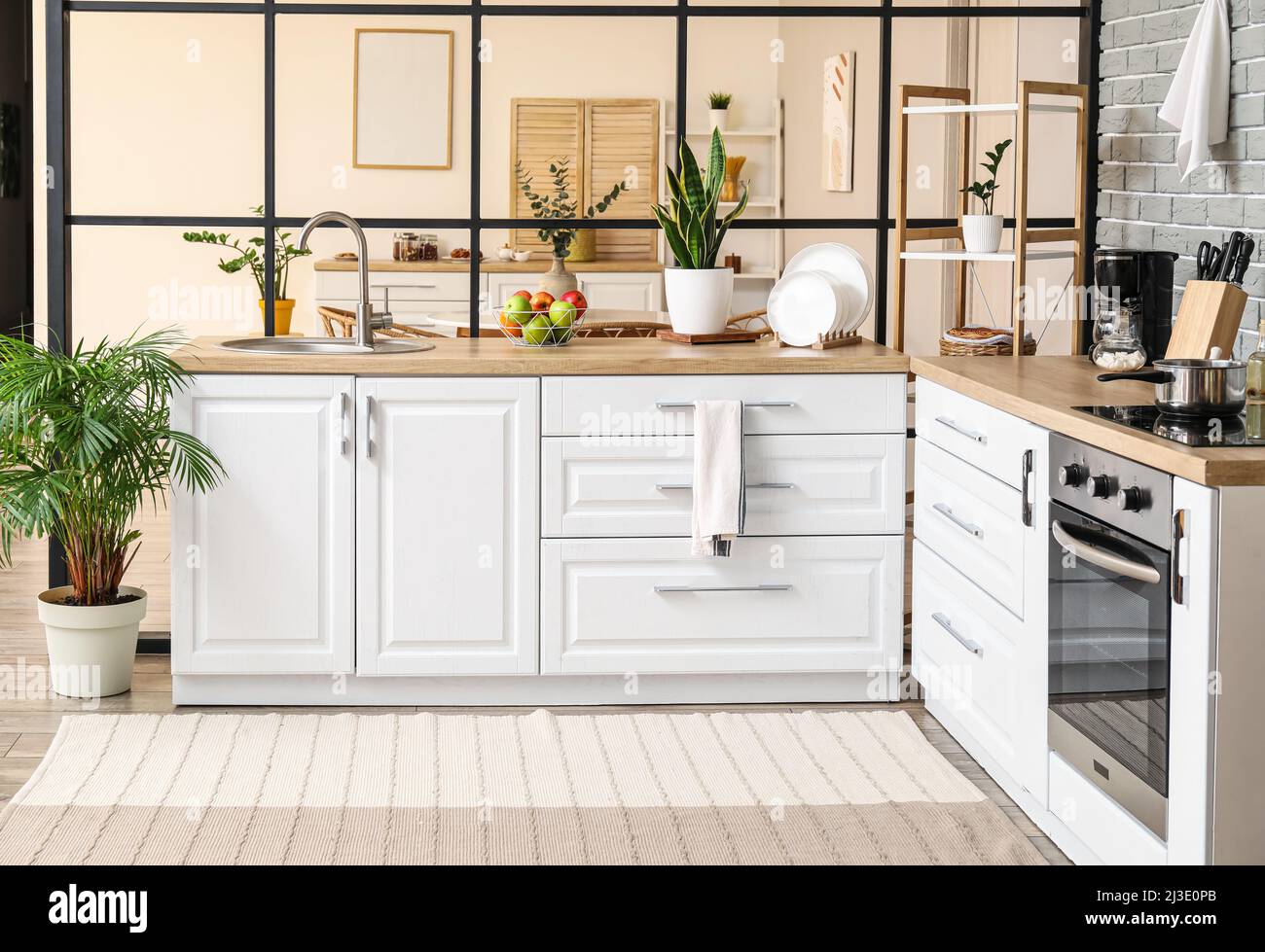 Interior of modern kitchen with counters and sink Stock Photo - Alamy