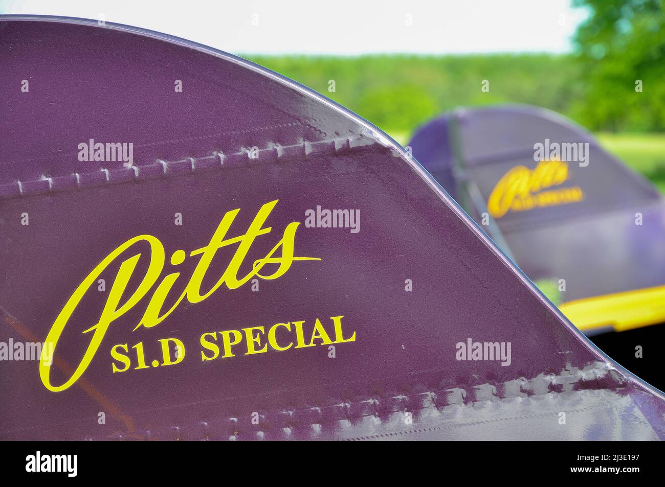 Pitts S1.D Special of The Pitts Pair, Trig Aerobatic Team of Pitts Special planes at Henham Park, Suffolk, UK, for an airshow. Tail with brand logo Stock Photo