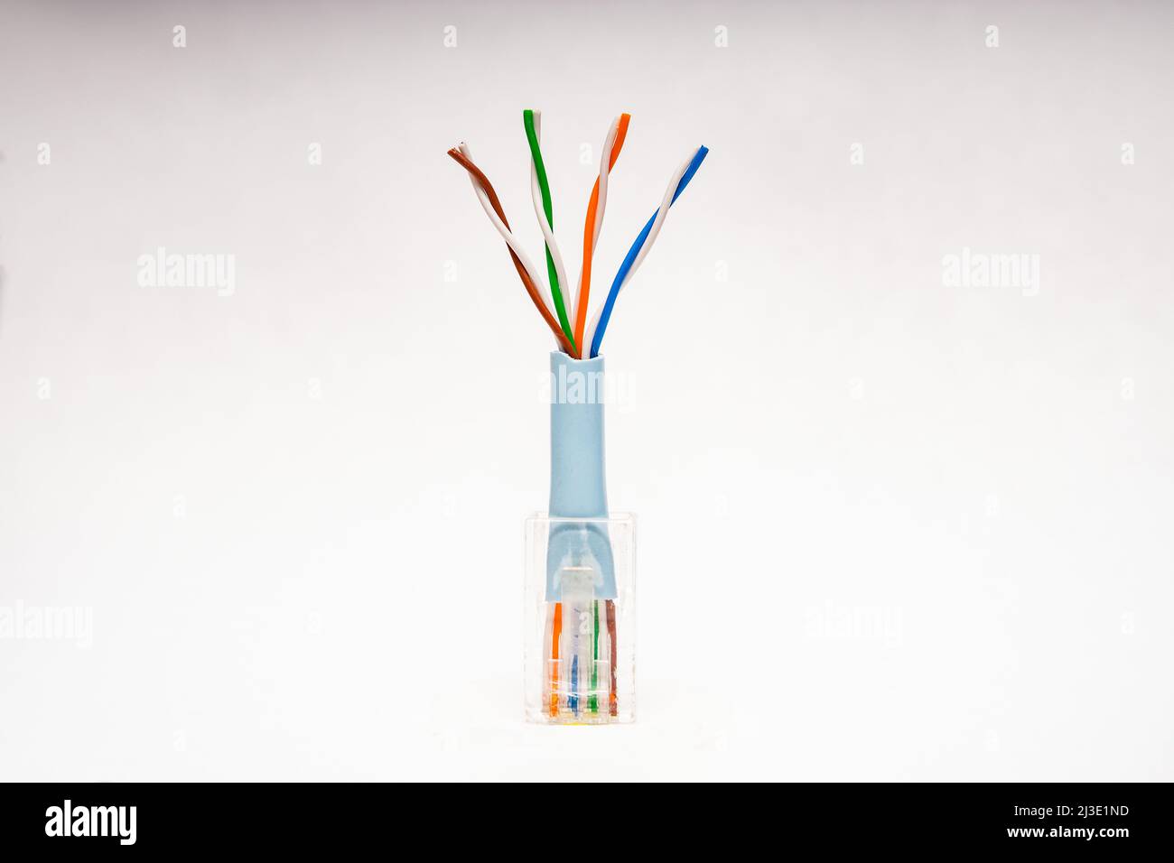 An Rj 45 Connector with Category 5 color coded twisted pair wires used for computer networks Stock Photo