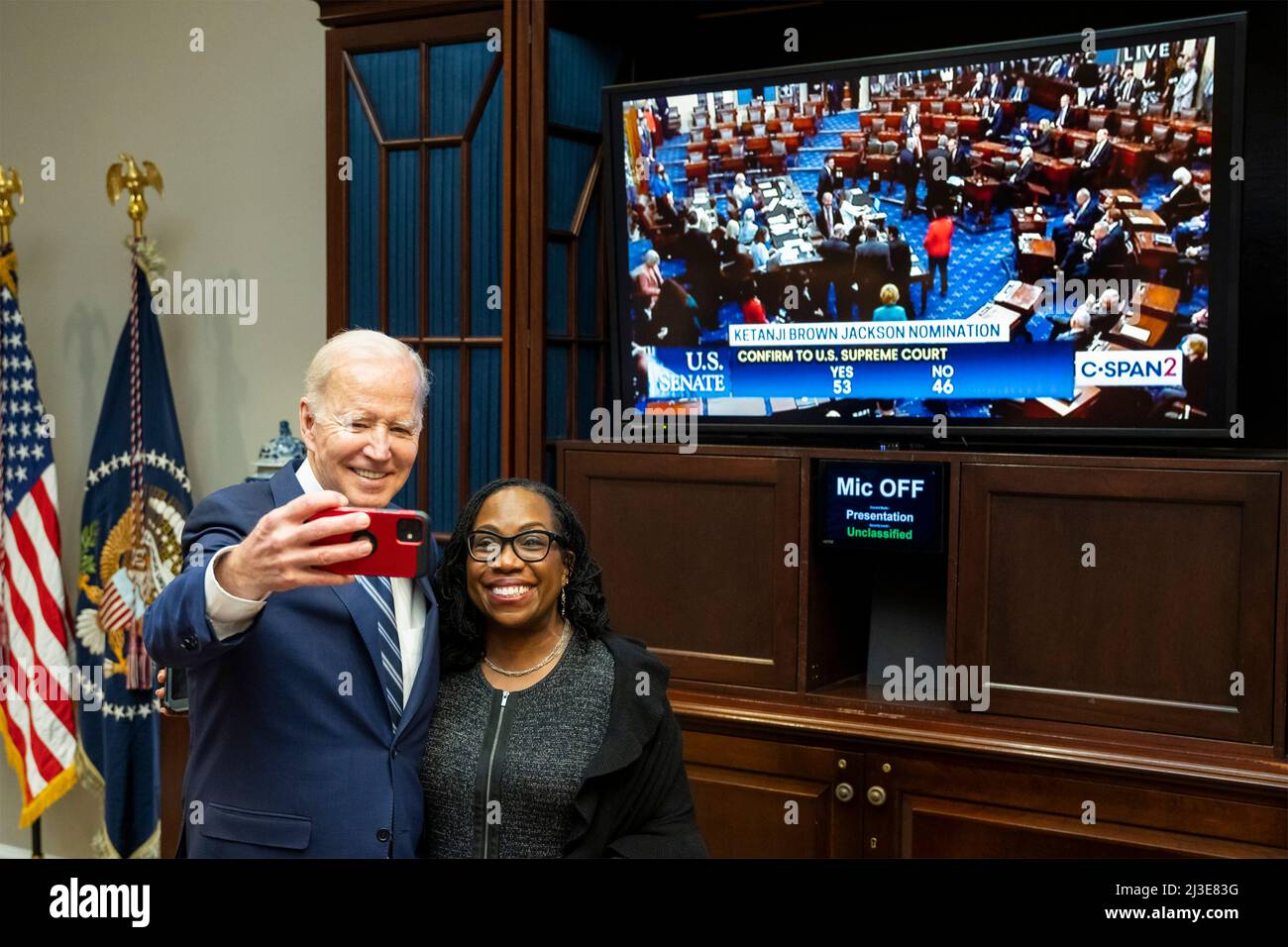 Washington, United States Of America. 07th Apr, 2022. Washington, United States of America. 07 April, 2022. U.S President Joe Biden poses for a selfie with Judge Ketanji Brown Jackson after she was confirmed by the Senate as the first Black woman Supreme Court Associate Justice in the Roosevelt Room of the White House April 7, 2022 in Washington, DC Credit: Adam Schultz/White House Photo/Alamy Live News Stock Photo