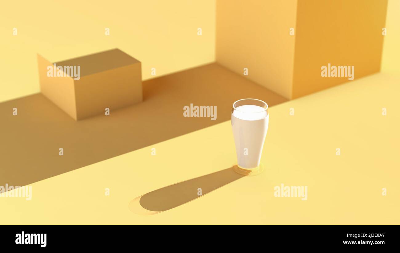 Glass of milk in sunlight on yellow background, 3d illustration Stock Photo