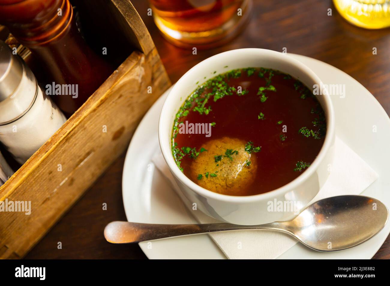 Homemade beef soup with liver dumplings Stock Photo Alamy