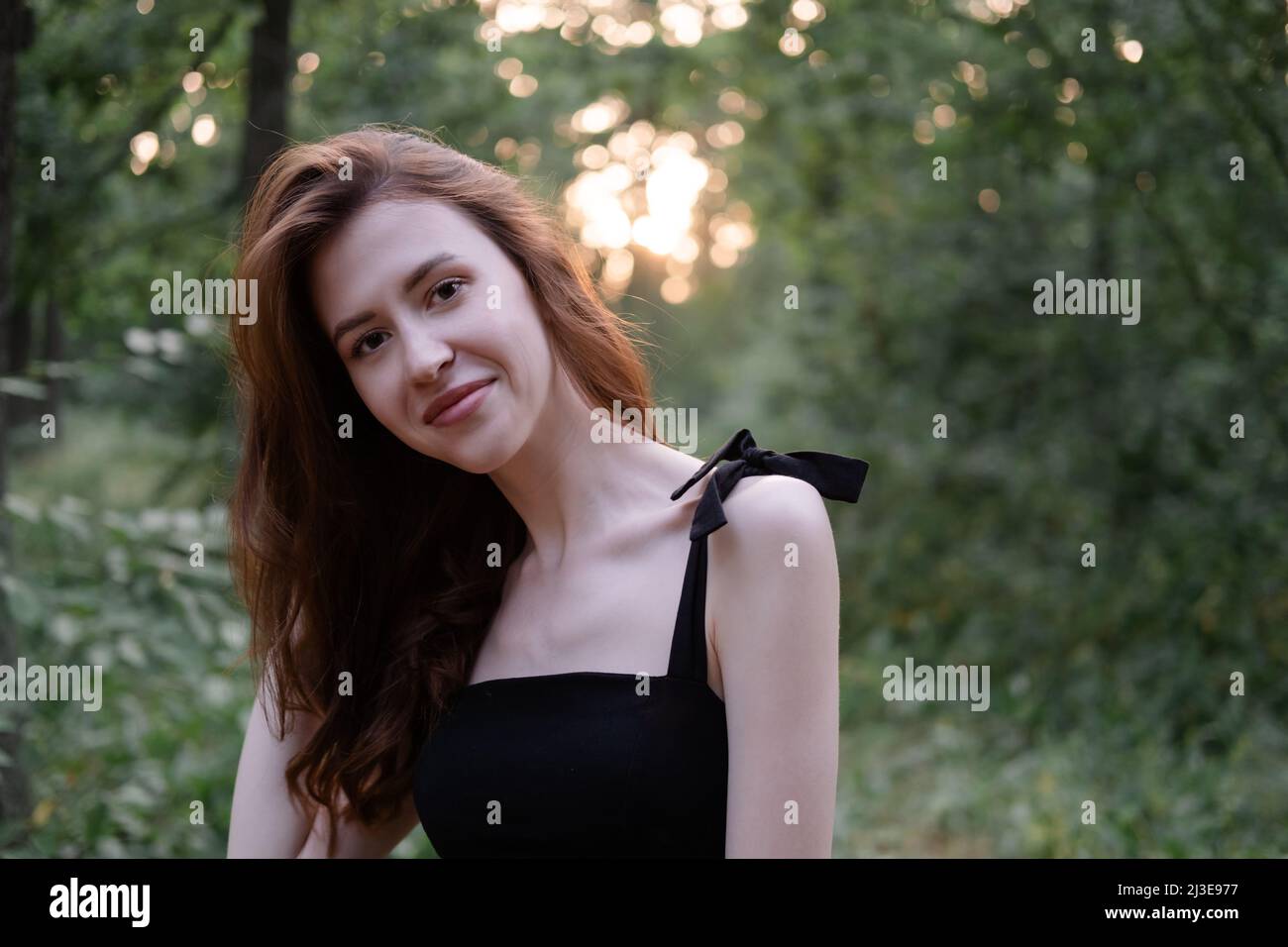 attractive young brunette woman in a black dress posing in the forest ...