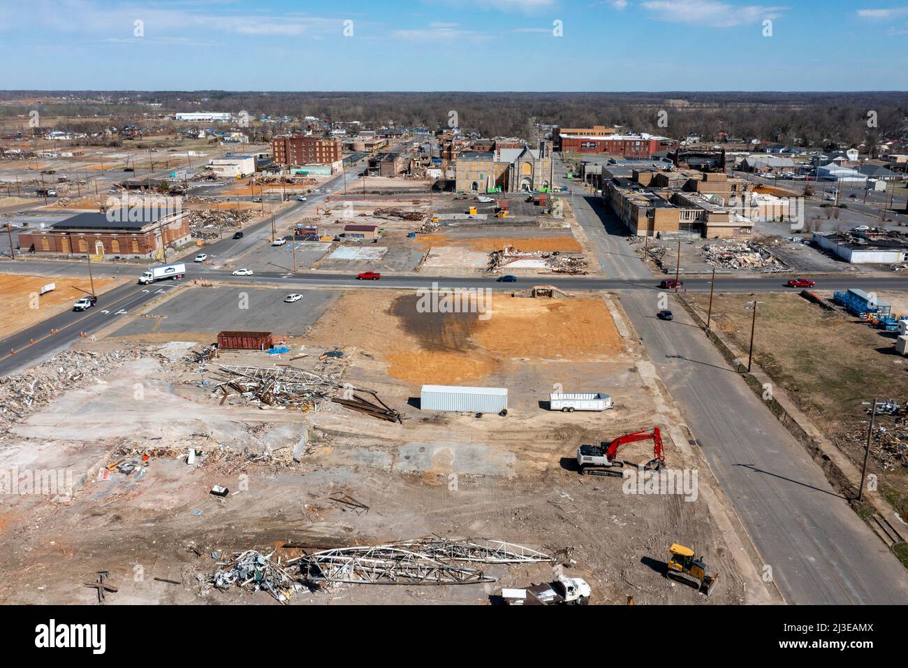 Mayfield, Kentucky - Damage from the December 2021 tornado that devasted towns in western Kentucky. Many buildings were destroyed in the city's downto Stock Photo