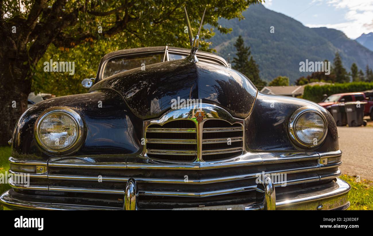 Vintage car Packard close up in a sunny day. Vintage black Packard car in a garden. Hope, BC, Canada-October 1,2021. Street view, travel photo, select Stock Photo