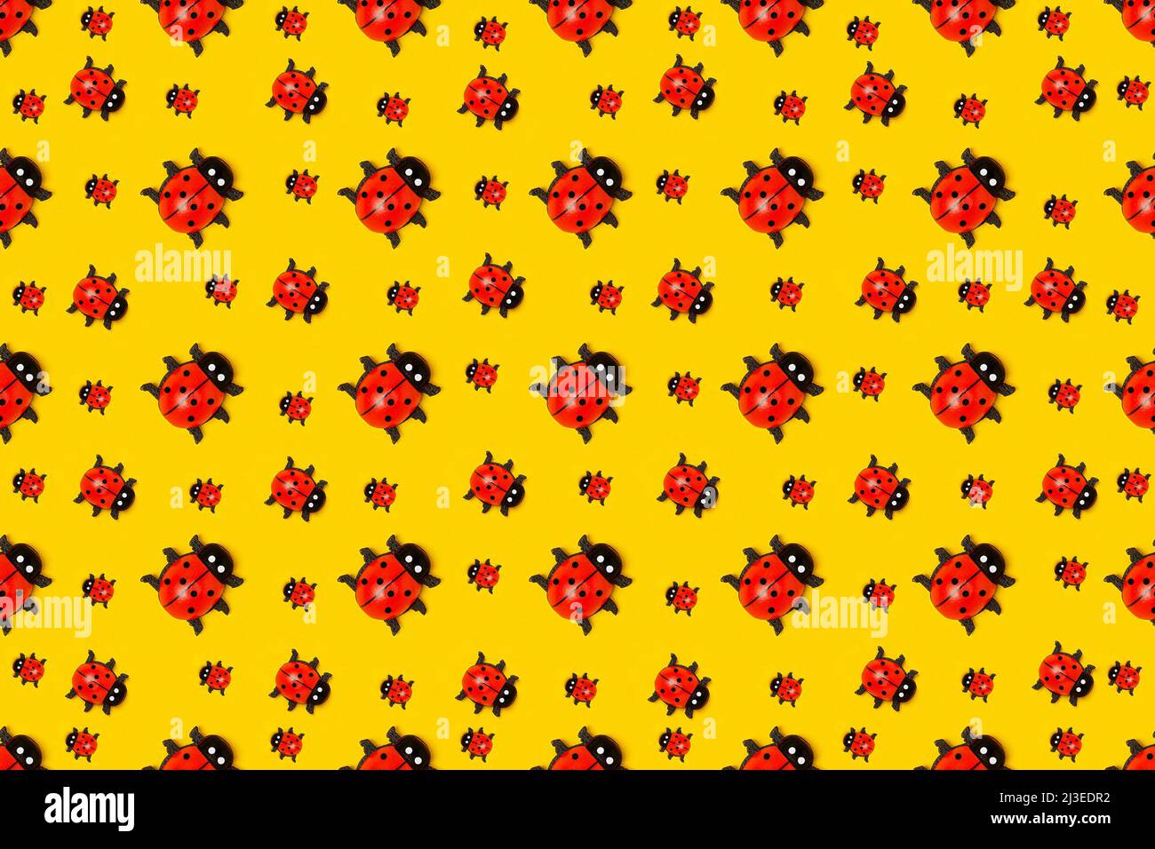 Pattern made with ladybugs on yellow background, as backdrop or texture. Bright summer wallpaper. Top view Flat lay. Stock Photo