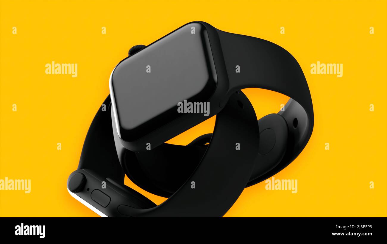 Animation with bright yellow background and the slow movement of black smart watch. Motion. Presentation of a new electronic device, modern Stock Photo - Alamy Animation with bright yellow background and the slow movement of black smart watch. Motion. Presentation of a new electronic device, modern Stock Photo - Alamy