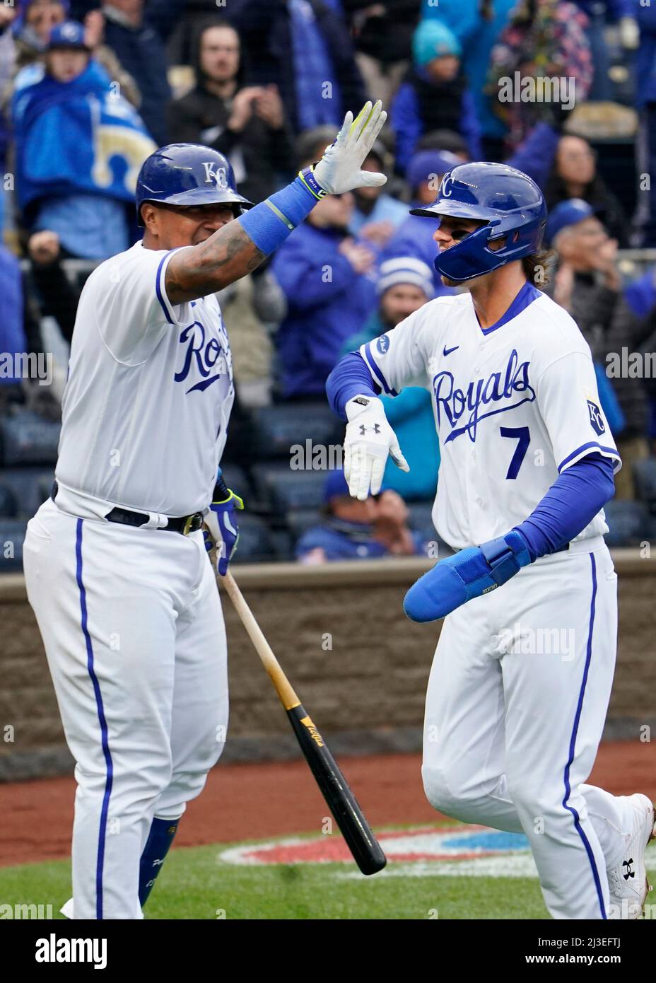 Apr 07, 2022: Kansas City Royals catcher Salvador Perez (13) drives a pitch  at Kauffman Stadium Kansas City, Missouri. The Kansas City Royals defeated  the Cleveland Guardians 3-1. Jon Robichaud/CSM Stock Photo - Alamy