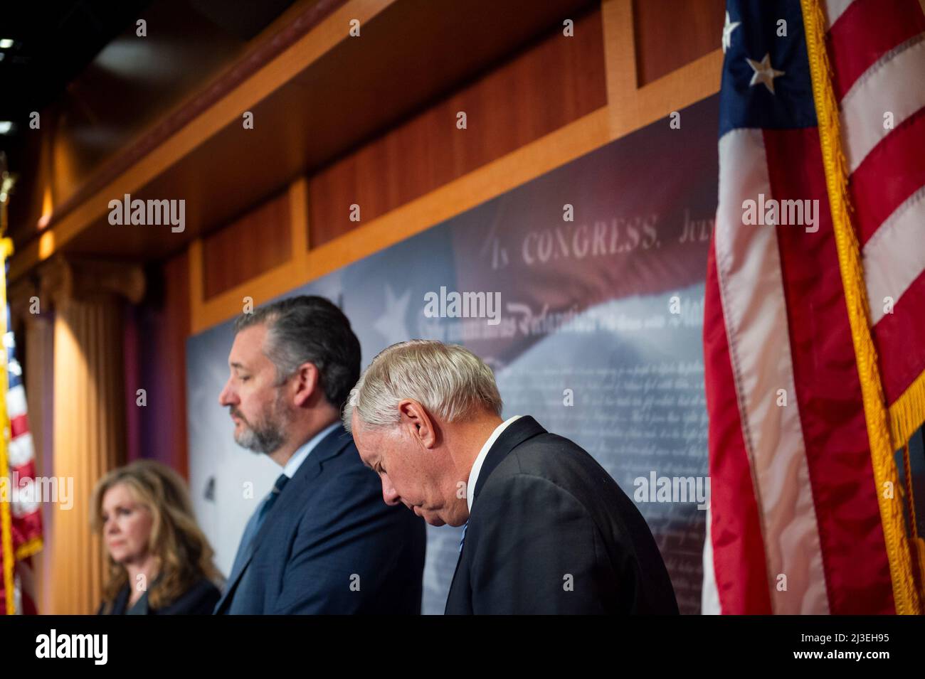 United States Senator Marsha Blackburn (Republican of Tennessee), left, United States Senator Ted Cruz (Republican of Texas), center, and United States Senator Lindsey Graham (Republican of South Carolina), right, listen while United States Senator Mike Lee (Republican of Utah) offers remarks of his opposition to the pending confirmation of Judge Ketanji Brown Jackson to be an Associate Justice of the Supreme Court of the United States, prior to the Senate vote at the US Capitol in Washington, DC, Thursday, April 7, 2022. Credit: Rod Lamkey/CNP /MediaPunch Stock Photo