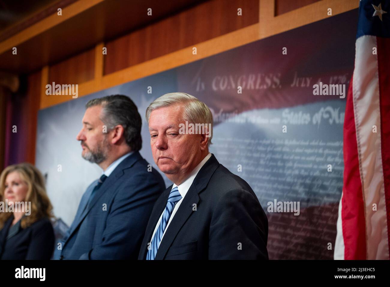 United States Senator Marsha Blackburn (Republican of Tennessee), left, United States Senator Ted Cruz (Republican of Texas), center, and United States Senator Lindsey Graham (Republican of South Carolina), right, listen while United States Senator Mike Lee (Republican of Utah) offers remarks of his opposition to the pending confirmation of Judge Ketanji Brown Jackson to be an Associate Justice of the Supreme Court of the United States, prior to the Senate vote at the US Capitol in Washington, DC, Thursday, April 7, 2022. Credit: Rod Lamkey/CNP /MediaPunch Stock Photo