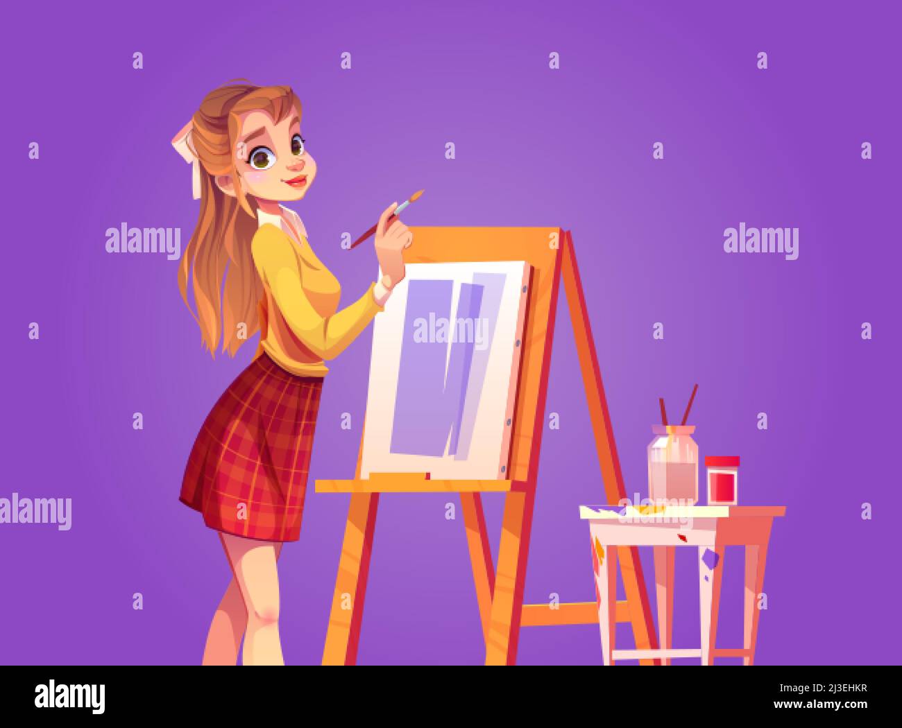 Girl painter draws on canvas with brush. Vector cartoon illustration of