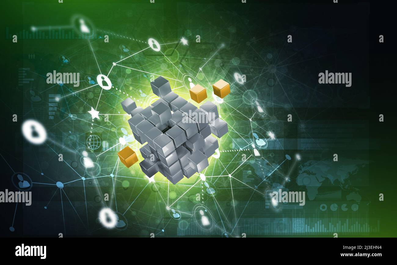 Concept of Internet and networking with digital cube figure on dark ...