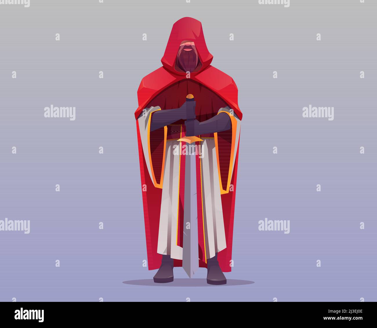 Ancient warrior, medieval knight, heraldic soldier with sword, guard with blade in long robe and red cape covering his eyes, royal fighter cartoon cha Stock Vector